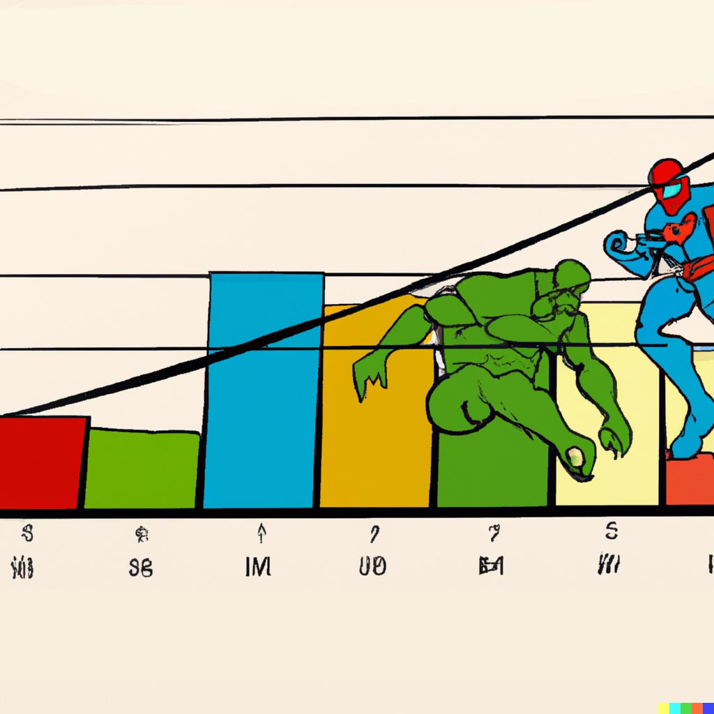 DALL·E prompt: Marvel comic of a bar graph made out of superheros, drawn by stan lee
